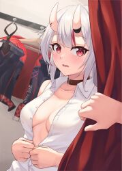 Rule 34 | 1girl, black choker, blush, breasts, changing room, choker, clothes hanger, collared shirt, commentary, curtains, fang, highres, hololive, horns, leeshin0919, long hair, looking at viewer, medium breasts, multicolored hair, nakiri ayame, no bra, oni, open clothes, open mouth, open shirt, partially unbuttoned, pov, red eyes, red hair, shirt, sleeveless, sleeveless shirt, solo focus, standing, streaked hair, surprised, two-tone hair, undressing, upper body, virtual youtuber, walk-in, wavy mouth, white hair, white shirt, wing collar