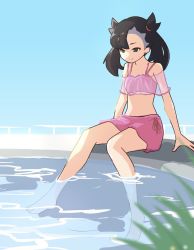 Rule 34 | 1girl, arm support, asymmetrical bangs, barefoot, bikini, black hair, closed mouth, commentary, creatures (company), earrings, game freak, green eyes, highres, jewelry, long hair, looking down, marnie (pokemon), nintendo, outdoors, pink bikini, pokemon, pokemon swsh, poyo party, sitting, solo, swimsuit, toes, twintails, water