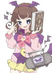 Rule 34 | 1girl, :d, bat wings, book, bow, brown hair, capelet, commentary request, cowboy shot, dress, fang, hairband, hands up, highres, holding, holding book, jacket, kurosu aroma, long hair, long sleeves, looking at viewer, open mouth, paprika private academy school uniform, pink bow, pink hairband, pink jacket, pretty series, pripara, purple capelet, purple eyes, radio, ranirani (syohousen8), school uniform, short dress, simple background, skin fang, smile, solo, standing, white background, wing hair ornament, wings, yellow dress