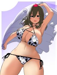 Rule 34 | 1girl, :d, akure ekuto, animal print, arm up, bikini, black eyes, black hair, breasts, cleavage, closed mouth, cow print, cowboy shot, gradient background, groin, hat, highres, holding, holding towel, huge breasts, looking at viewer, navel, open mouth, pom pom (clothes), purple background, red eyes, red hat, shameimaru aya, short hair, smile, solo, standing, swimsuit, thighs, tokin hat, touhou, towel