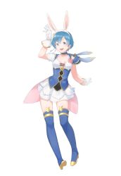 Rule 34 | 1girl, :d, absurdres, alternate costume, animal ears, blue dress, blue eyes, blue footwear, blue hair, blue thighhighs, boots, breasts, cleavage, dress, fake animal ears, fire emblem, fire emblem: the binding blade, fire emblem heroes, full body, gloves, headband, highres, nintendo, open mouth, rabbit ears, ruis bacon, shanna (fire emblem), short hair, short sleeves, simple background, skirt, small breasts, smile, solo, thigh boots, thighhighs, white background, white gloves, white skirt