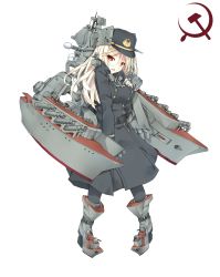 Rule 34 | 10s, 1girl, anchor symbol, belt, blonde hair, bonkiru, boots, breasts, hammer and sickle, hand on own chest, hat, high heel boots, high heels, highres, kantai collection, knee boots, long coat, long hair, mecha musume, military hat, original, pantyhose, red eyes, rudder footwear, russia, slava-class cruiser, solo, soviet
