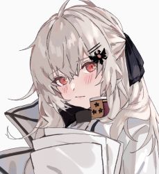 Rule 34 | 1girl, aogisa, black ribbon, blush, closed mouth, girls&#039; frontline, hair ribbon, iws 2000 (girls&#039; frontline), jacket, long hair, looking at viewer, red eyes, ribbon, silver hair, solo focus, white background, white jacket