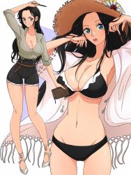 Rule 34 | 1girl, armpits, arms up, bikini, black bikini, black hair, blue eyes, breasts, cleavage, cowboy shot, full body, groin, hat, high heels, highres, holding, holding pencil, large breasts, legs apart, long hair, looking at viewer, midriff, multiple views, navel, nico robin, one piece, opalis, open mouth, parted lips, pencil, simple background, sleeves rolled up, smile, sun hat, swimsuit, teeth, upper teeth only, white background, white footwear
