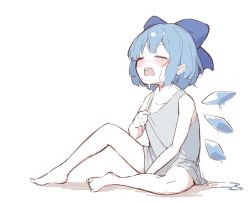 Rule 34 | 1girl, alternate costume, bare arms, bare legs, bare shoulders, barefoot, blue bow, blue hair, blush, bow, cirno, collarbone, closed eyes, garasuno, hair bow, highres, ice, ice wings, melting, open mouth, short hair, simple background, sitting, solo, sweat, teeth, touhou, upper teeth only, white background, wings