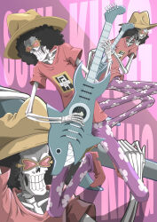 Rule 34 | 1boy, afro, alternate costume, bass guitar, black hair, brook (one piece), clenched teeth, commentary, commentary request, english commentary, english text, hat, highres, holding, holding instrument, instrument, male focus, mixed-language commentary, music, oda eiichirou, official art, one piece, pink-tinted eyewear, playing bass, playing guitar, playing instrument, shirt, short sleeves, skeleton, sunglasses, teeth, tinted eyewear, unconventional guitar, yellow-framed eyewear