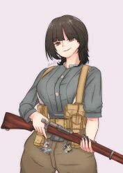 Rule 34 | 1girl, absurdres, bolt action, british army, brown eyes, brown hair, charm (object), genshin impact, gun, highres, holding, holding weapon, hololive, hololive english, lee-enfield, load bearing vest, military, military uniform, navia (genshin impact), rafael (rafa w73), rifle, shiori novella, smile, uniform, united kingdom, virtual youtuber, weapon, world war i