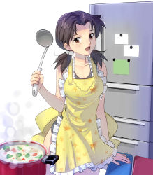 Rule 34 | 1girl, apron, bare legs, brown eyes, brown hair, collarbone, cooking, cowboy shot, floral print, food, freckles, hair bobbles, hair ornament, horaki hikari, kitchen, kouno (masao), ladle, looking at viewer, low twintails, nearly naked apron, neon genesis evangelion, one-piece swimsuit, open mouth, pot, rebuild of evangelion, refrigerator, school swimsuit, solo, soup, swimsuit, swimsuit under clothes, twintails