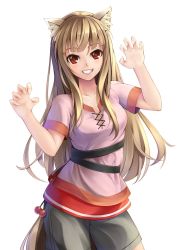 Rule 34 | 1girl, animal ears, brown hair, claw pose, collarbone, cowboy shot, holo, kirishima itsuki, long hair, looking at viewer, open mouth, red eyes, short sleeves, shorts, simple background, smile, solo, spice and wolf, standing, tail, white background, wolf ears, wolf tail