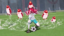 Rule 34 | 1girl, ball, bird, bow, colored skin, commentary request, double bun, grey hair, hair bow, hair bun, heterochromia, highres, hissatsu, hololive, hololive indonesia, inazuma eleven (series), jersey, kneeling, koutei penguin 1gou, koutei penguin no.1, kureiji ollie, laing, multicolored hair, parody, patchwork skin, penguin, red eyes, red hair, short sleeves, shorts, soccer, soccer ball, soccer field, soccer uniform, solo, sportswear, stadium, stitched arm, stitched face, stitched leg, stitches, virtual youtuber, whistling, white hair, yellow eyes, zombie