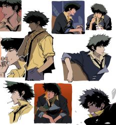 Rule 34 | absurdres, closed mouth, cowboy bebop, derivative work, eating, highres, instant ramen, messy hair, my nameisyoon, necktie, open mouth, scene reference, screenshot redraw, shirt, sitting, smoking, spike spiegel, teeth, variations, yellow shirt