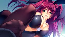 Rule 34 | 1girl, animal ears, arm between breasts, bare shoulders, between breasts, blue eyes, breasts, cleavage, crotch rub, dutch angle, fake animal ears, fang, feet, finger to mouth, footjob, game cg, innocent girl, large breasts, crossed legs, long hair, looking at viewer, nanaka mai, no shoes, ousaka kanae, pantyhose, playboy bunny, pov, rabbit ears, red hair, short twintails, smirk, solo focus, twintails, two side up