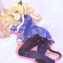 Rule 34 | 1girl, animal ears, blonde hair, cat ears, cat tail, glasses, long hair, looking at viewer, lying, military, military uniform, mochako (motyako), on side, panties, panties under pantyhose, pantyhose, perrine h. clostermann, solo, strike witches, tail, underwear, uniform, world witches series, yellow eyes