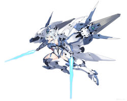 1girl arm_armor bare_shoulders black_choker blue_eyes blue_hair choker concept_art detached_sleeves energy_weapon full_body headgear highres holding holding_sword holding_weapon leotard light_blue_hair mecha_musume open_mouth short_hair signature sky_saber_(starward) solo starward sword thighhighs thighs thrusters twitter_username weapon zhu_fun