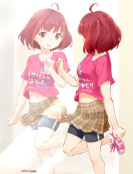 Rule 34 | 1girl, 2015, ahoge, clothes writing, dated, kasukabe haru, leg up, midriff, nagian, navel, plaid, plaid skirt, red eyes, red hair, red shirt, reflection, shirt, shoes, shorts under skirt, skirt, sneakers, solo, striped, striped background, t-shirt, tokyo 7th sisters