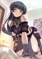 Rule 34 | 1girl, all fours, amagasa ikuta, bare shoulders, barefoot, black gloves, black hair, black panties, blush, condom, condom wrapper, crop top, gloves, highres, holding, holding condom, idolmaster, idolmaster shiny colors, indoors, lace, lace-trimmed skirt, lace trim, lamp, long hair, looking at viewer, mayuzumi fuyuko, on bed, panties, parted lips, red eyes, see-through, see-through sleeves, skirt, smile, solo, underwear