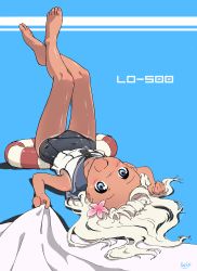 Rule 34 | 10s, 1girl, :d, absurdres, bare legs, barefoot, barikios, blonde hair, blue eyes, blush, character name, covered navel, crop top, feet, flower, hair flower, hair ornament, highres, kantai collection, legs up, lifebuoy, long hair, looking at viewer, lying, on back, one-piece tan, open mouth, ro-500 (kancolle), school uniform, serafuku, smile, solo, swim ring, tan, tanline, toes