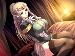 Rule 34 | 1girl, bed, blonde hair, grabbing another&#039;s breast, breasts, center opening, cleavage, earrings, eleanor (toriko no hime), elf, game cg, grabbing, green eyes, jewelry, large breasts, long hair, pointy ears, solo, thighhighs, toriko no hime