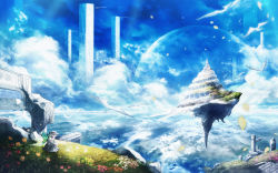 Rule 34 | 1girl, bird, butterfly wings, chitose rin, cloud, cloudy sky, cupping hands, day, dress, fantasy, floating, floating city, flower, grass, highres, insect wings, landscape, original, own hands together, pillar, pointy ears, red flower, red rose, rose, ruins, scenery, seashell, shell, sky, solo, squatting, stairs, white dress, white hair, wings, yellow flower, yellow rose