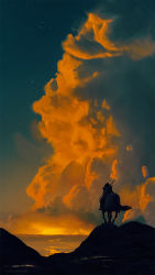 Rule 34 | 1other, anato finnstark, artist name, blue sky, cloud, cloud focus, commentary, cumulonimbus cloud, english commentary, from behind, highres, hood, hood up, horseback riding, night, night sky, orange sky, original, outdoors, riding, sky, star (sky), starry sky, sword, weapon, weapon on back