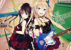 Rule 34 | 10s, 2girls, amplifier, aqua eyes, armband, bare shoulders, bass guitar, black hair, blonde hair, blue eyes, boku wa tomodachi ga sukunai, breasts, bug, butterfly, butterfly hair ornament, choker, cleavage, electric guitar, end card, eyecatch, fender jaguar, guitar, hair ornament, highres, bug, instrument, kashiwazaki sena, long hair, looking at viewer, microphone, microphone stand, mikazuki yozora, multiple girls, official art, open mouth, pantyhose, plaid, redjuice, skirt, smile, star (symbol), strap gap, whammy bar, wristband