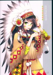 Rule 34 | 1girl, absurdres, arm up, black hair, bodypaint, bracelet, facepaint, facial mark, feathers, flower, fringe trim, green eyes, headdress, highres, holding, holding smoking pipe, huge filesize, jewelry, kiseru, long hair, looking at viewer, nardack, native american, native american headdress, non-web source, original, parted lips, pipe in mouth, ring, scan, skirt, smoking pipe, solo, teeth, upper teeth only, warbonnet, white feathers