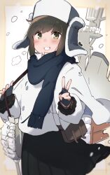 Rule 34 | 1girl, :d, absurdres, alternate costume, bag, black gloves, black skirt, blue hat, blue scarf, border, brown hair, buttons, coat, commentary request, cowboy shot, fingerless gloves, fubuki (kancolle), fur hat, gloves, green eyes, hat, highres, holding, holding bag, kantai collection, long sleeves, looking at viewer, ma rukan, mast, multicolored clothes, multicolored hat, open mouth, outside border, rigging, scarf, sidelocks, skirt, smile, smokestack, snowing, solo, standing, turret, ushanka, v, white background, white coat, white hat, winter clothes, yellow border