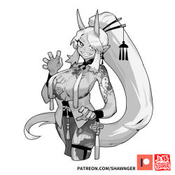 Rule 34 | 1girl, breasts, cleavage, full-body tattoo, greyscale, highres, horns, long hair, looking at viewer, monochrome, monster girl, patreon logo, pointy ears, revealing clothes, sharp teeth, shawnger, smile, tattoo, teeth, watermark