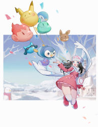 Rule 34 | 1girl, :d, absurdres, bare tree, beanie, black hair, blue eyes, boots, chimchar, coat, commentary, creatures (company), dawn (pokemon), dezhouyou touguigui, eevee, floating scarf, game freak, gen 1 pokemon, gen 4 pokemon, gengar, hair ornament, hairclip, hat, highres, long hair, long sleeves, nintendo, open mouth, outdoors, pikachu, piplup, pokemon, pokemon (creature), pokemon dppt, pokemon platinum, riolu, scarf, sky, smile, snowman, teeth, themed object, thighhighs, tongue, tree, turtwig, upper teeth only, white scarf, white thighhighs, winter