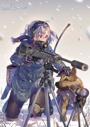 Rule 34 | 1girl, absurdres, artist name, bolt action, daito, dog, glasses, gloves, gun, headpat, headphones, highres, knee pads, long hair, long sleeves, military, military uniform, original, pantyhose, remington model 700, rifle, scarf, scope, short hair, skirt, sniper rifle, snow, snowing, spotting scope, suppressor, tactical clothes, tongue, tongue out, trigger discipline, tripod, uniform, weapon, wind