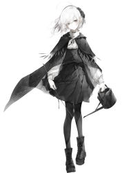 Rule 34 | 1girl, black footwear, boots, cape, capelet, expressionless, grey eyes, hairband, high-waist skirt, highres, hito komoru, holding, holding stick, holding watering can, long sleeves, original, pale skin, pantyhose, puffy long sleeves, puffy sleeves, shadow, shirt, short hair, simple background, skirt, solo, standing, stick, watering can, white background, white hair, white shirt, wind