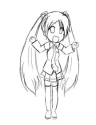 Rule 34 | animated, animated gif, blouse, collared shirt, dancing, full body, greyscale, hatsune miku, long hair, lowres, monochrome, pani poni dash!, parody, roulette roulette, shirt, sleeveless, sleeveless shirt, solo, thighhighs, twintails, very long hair, vocaloid, white background