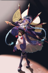 Rule 34 | 1girl, absurdres, black hair, breasts, chinese clothes, eyebrows hidden by hair, flag, genshin impact, hair ornament, hanfu, hat, highres, holding, holding polearm, holding weapon, long hair, looking at viewer, pantyhose, polearm, purple pantyhose, red eyes, ribbon, skirt, solo, spear, stage, standing, weapon, yun jin (genshin impact), zhenmingjiang