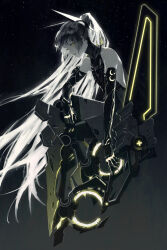 Rule 34 | bare shoulders, black background, black dress, chainsword, collared dress, dress, grey theme, highres, holding, holding weapon, long hair, mechanical arms, mechanical legs, nanami: pulse (punishing: gray raven), parted lips, ponytail, punishing: gray raven, very long hair, weapon, yoshi (j contrast)