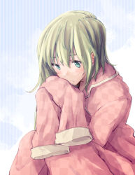 Rule 34 | 1girl, blush, head rest, closed mouth, expressionless, green eyes, green hair, hair between eyes, kitsune maru, legs together, knees up, looking down, matching hair/eyes, no headwear, no headwear, oversized clothes, oversized object, pajamas, shiki eiki, sitting, sleeves past fingers, sleeves past wrists, solo, striped, striped background, tareme, touhou, vertical stripes