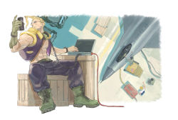 Rule 34 | 4boys, aircraft, airplane, blonde hair, boots, can, cargo pants, charlie nash, colored skin, commentary request, computer, fighter jet, flak jacket, flattop, from above, glasses, guile, headphones, headphones around neck, highres, holding, holding can, industrial pipe, jacket, jet, machinery, male focus, military, military uniform, military vehicle, motor vehicle, multicolored skin, multiple boys, open clothes, pants, sitting, sora-bakabon, stitches, street fighter, street fighter v, truck, uniform, wire, wooden box
