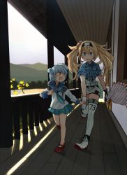 Rule 34 | 2girls, :d, annin musou, aqua neckwear, aqua skirt, bad id, bad twitter id, blonde hair, blue eyes, blue hair, blue sailor collar, blue shirt, bouquet, breast pocket, brown eyes, buttons, dixie cup hat, double bun, flower, gambier bay (kancolle), gloves, hair between eyes, hair bun, hat, highres, holding, kantai collection, long hair, long sleeves, military hat, miniskirt, multicolored clothes, multicolored gloves, multiple girls, neckerchief, open mouth, pleated skirt, pocket, red footwear, sailor collar, samuel b. roberts (kancolle), school uniform, serafuku, shirt, shoes, short hair, short sleeves, shorts, skirt, sleeve cuffs, smile, twintails, white hat, white shorts