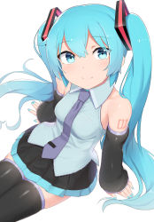 Rule 34 | 1girl, abmayo, aqua eyes, aqua hair, arm support, bare shoulders, black skirt, black thighhighs, blue eyes, blue nails, blush, breasts, closed mouth, collared shirt, commentary, detached sleeves, fingernails, from above, grey shirt, hair ornament, hatsune miku, highres, long hair, long sleeves, looking at viewer, miniskirt, nail polish, necktie, pleated skirt, shirt, shoulder tattoo, simple background, sitting, skirt, sleeveless, sleeveless shirt, smile, solo, tattoo, thighhighs, twintails, very long hair, vocaloid, white background, zettai ryouiki