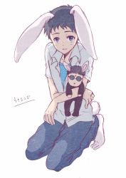 Rule 34 | 1boy, age difference, animal ears, blush, brown hair, character doll, father and son, full body, ikari gendou, ikari shinji, kneeling, looking at viewer, male focus, neon genesis evangelion, rabbit ears, rabbit tail, simple background, sitting, solo, stuffed toy, tail, toy, white background