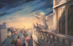 Rule 34 | 1girl, absurdres, angel, angel wings, balcony, bare legs, barefoot, bird, bow, building, cityscape, clock, clock tower, closed eyes, commentary, dove, dress, evening, feathered wings, frilled sleeves, frills, halo, highres, on railing, open mouth, original, outdoors, puffy short sleeves, puffy sleeves, railing, scenery, short sleeves, signature, smile, solo, squatting, sumi 0525, sunlight, teeth, tower, upper teeth only, white bird, white bow, white dress, white hair, white wings, wide shot, window, wings