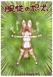 Rule 34 | 1girl, animal ear fluff, animal ears, ankle boots, artist name, blouse, boots, breath, brown eyes, brown hair, brown skirt, brown thighhighs, closed mouth, commentary, dated, dhole (kemono friends), dog ears, dog girl, dog tail, emphasis lines, from above, fur collar, gloves, grass, kemono friends, kemono friends 3, light frown, looking at viewer, lying, miniskirt, multicolored hair, nyororiso (muyaa), on back, outstretched arms, pleated skirt, shirt, short hair, signature, skirt, sleeveless, sleeveless shirt, solo, spread arms, tail, thighhighs, translated, white footwear, white gloves, white shirt