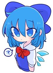 Rule 34 | 1girl, ?, blue dress, blue eyes, blue hair, breasts, cirno, collared shirt, dress, fairy wings, highres, ice, ice wings, neck ribbon, op na yarou, pinafore dress, puffy short sleeves, puffy sleeves, red ribbon, ribbon, shirt, short hair, short sleeves, simple background, sleeveless dress, small breasts, solo, speech bubble, touhou, white background, white shirt, wings