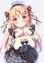 Rule 34 | 1girl, black bow, blonde hair, blush, bow, breasts, chestnut mouth, cleavage, commentary request, double bun, grey background, hair between eyes, hair bow, hair bun, hair ornament, hands up, heart, heart hair ornament, looking at viewer, maid headdress, medium breasts, original, pan (mimi), parted lips, plaid, plaid skirt, pleated skirt, puffy short sleeves, puffy sleeves, shirt, short sleeves, simple background, skirt, solo, two side up, white shirt
