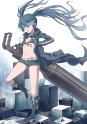 Rule 34 | 10s, 1girl, :o, absurdres, belt, bikini, bikini top only, black rock shooter, black rock shooter (character), blue hair, boots, female focus, front-tie top, full body, gloves, glowing, glowing eye, glowing eyes, highres, huge weapon, jacket, knee boots, leg up, long hair, navel, scar, short shorts, shorts, solo, stitches, swimsuit, twintails, u jie, very long hair, weapon