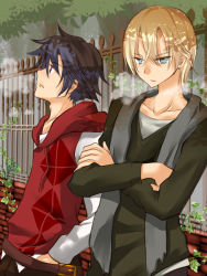 Rule 34 | 2boys, adam&#039;s apple, alternate costume, asano09, belt, black hair, blonde hair, blue eyes, collarbone, crossed arms, eiyuu densetsu, falcom, fence, fog, green shirt, hood, hoodie, jusis albarea, leaf, looking to the side, looking up, male focus, multiple boys, open mouth, outdoors, purple eyes, rean schwarzer, red shirt, scar, sen no kiseki, shirt, short hair, spiked hair, tree