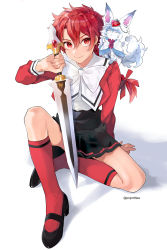Rule 34 | 1boy, alexander (fate), alternate costume, arm support, black footwear, bow, braid, braided ponytail, commentary request, cosplay, creature, crossdressing, fate/grand order, fate (series), fou (fate), full body, hair between eyes, hair ribbon, holding, holding sword, holding weapon, knee up, large bow, legs, long sleeves, looking at viewer, magic knight rayearth, male focus, pleated skirt, ponytail, potti-p, red eyes, red hair, red legwear, red serafuku, ribbon, school uniform, serafuku, shadow, shidou hikaru (cosplay), sidelocks, simple background, sitting, skirt, smile, socks, sword, trap, twitter username, weapon, white background, white bow