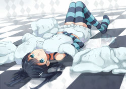 Rule 34 | 1girl, asahikawa hiyori, black hair, blue eyes, blue thighhighs, checkered floor, floor, hair ornament, hug, hugging doll, hugging object, looking at viewer, lying, no shoes, on back, original, reflection, reflective floor, solo, striped clothes, striped thighhighs, stuffed animal, stuffed toy, thighhighs, twintails, upside-down