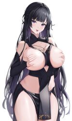 1girl absurdres aria_(eurasia) artist_request black_dress black_hair blunt_bangs blush breasts breasts_out clothing_aside collared_dress cowboy_shot dress dress_aside grabbing_own_breast highres huge_breasts large_breasts long_hair looking_at_viewer navel original purple_eyes second-party_source simple_background smile solo standing teeth thighs tongue tongue_out upper_teeth_only very_long_hair white_background