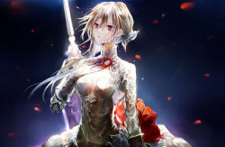 Rule 34 | 1girl, asymmetrical hair, bad id, bad pixiv id, breasts, closed mouth, dress, grey dress, grey hair, hand on own chest, long hair, looking up, petals, purple hair, sidelocks, sinoalice, small breasts, snow white (sinoalice), solo, sword, vertigowitch, weapon