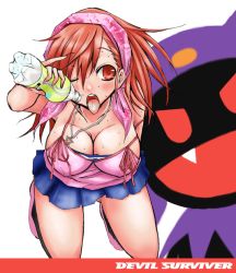 Rule 34 | 1girl, bandana, beni, black frost, blush, bottle, breasts, camisole, cleavage, jewelry, kneeling, devil survivor, miniskirt, necklace, one eye closed, open mouth, red eyes, red hair, ribbon, sexually suggestive, skirt, star (symbol), sweat, tanigawa yuzu, teeth, tongue, upper teeth only, water bottle, wink